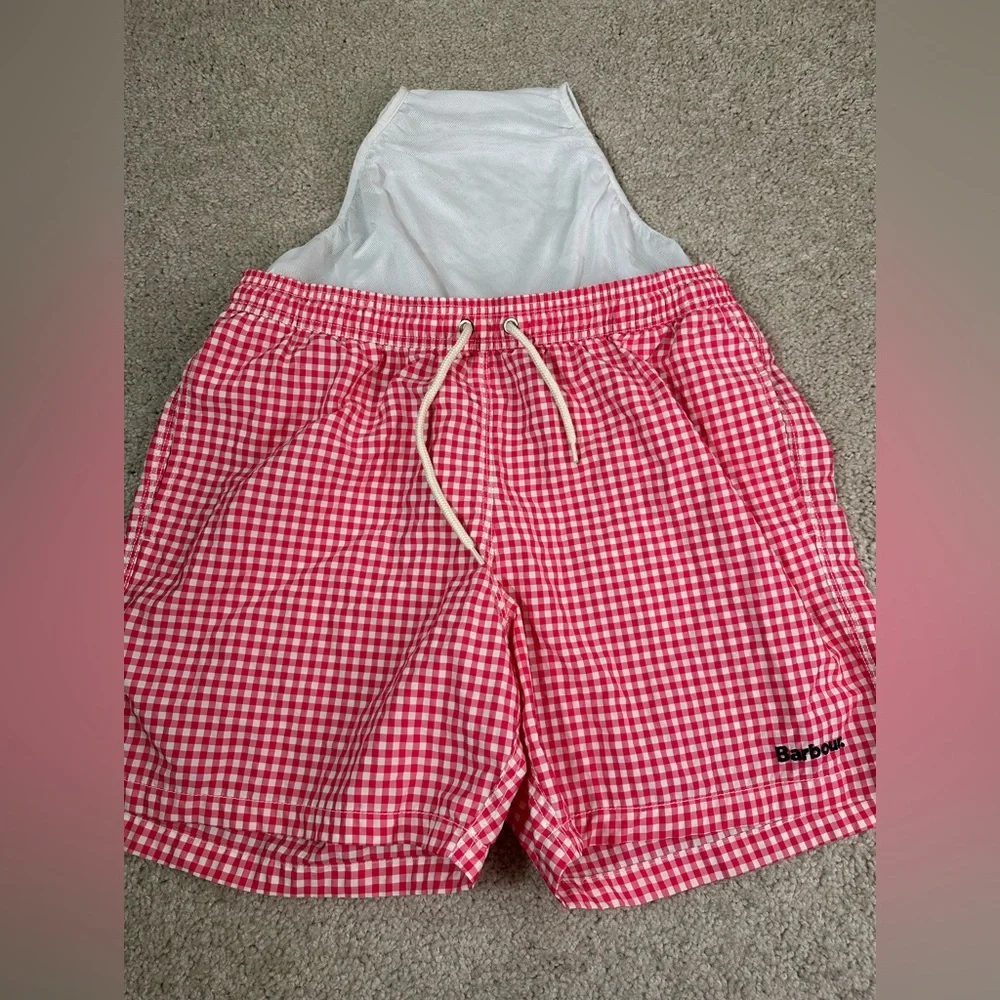 Barbour Men’s M Swim Trunks Shorts Gingham Check Reddish Pink White Beach Pool - Picture 4 of 9